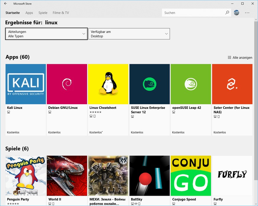 Linux-Distributionen im Microsoft Store von Windows 10.