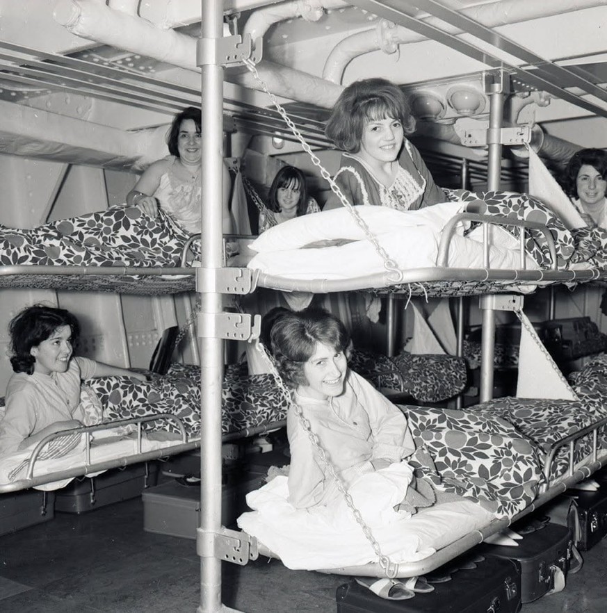 A group of women pose in their bunks in a sleeping cabin aboard the British India cruise ship, circa 1950s.
https://bestlifeonline.com/50-vintage-photos-that-show-what-traveling-used-to-look-like/