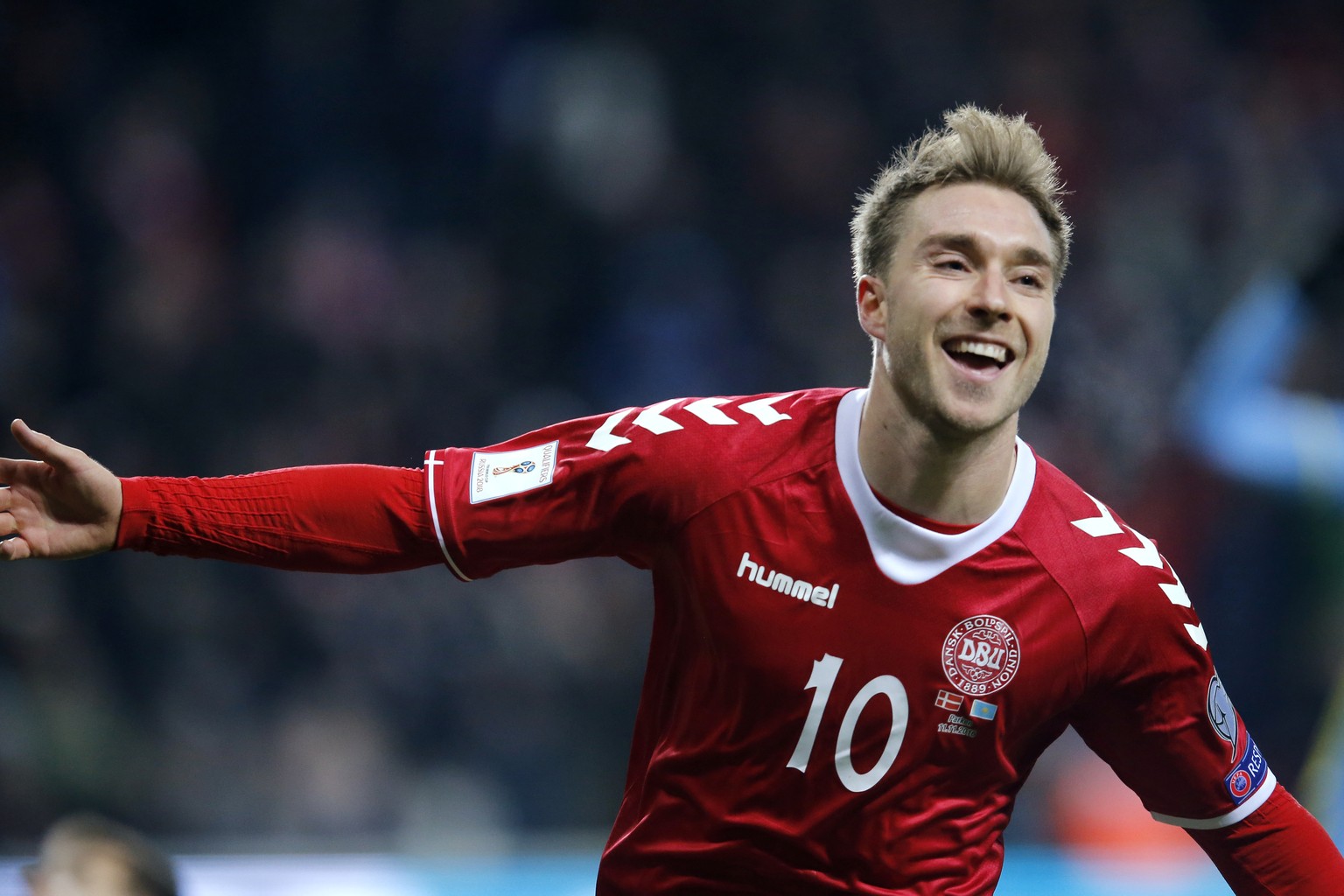 Denmark&#039;s Christian Eriksen celebrates his 4-1 goal during their World Cup qualifying Group E soccer match against Kazakhstan at Parken Stadium in Copenhagen, Denmark on Friday, Nov 11 2016. (Lar ...