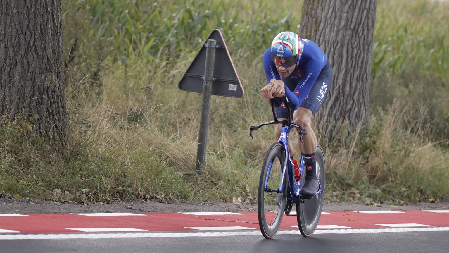 Filippo Ganna of Italy competes to win the Men Elite individual time trial race at the World Road Cycling Championships in Bruges, Belgium, Sunday Sept. 19, 2021. (AP Photo/Olivier Matthys)