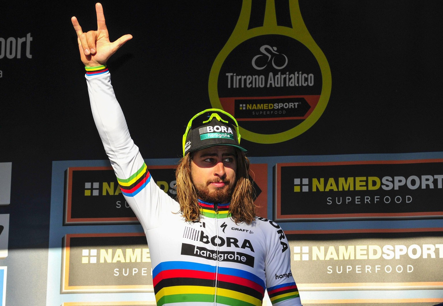 epa05844489 Slovakian rider Peter Sagan of Bora Hansgroe celebrates on the podium after winning the fifth stage of the Tirreno-Adriatico cycling race, over 209km from Rieti to Fermo, Italy, 12 March 2 ...