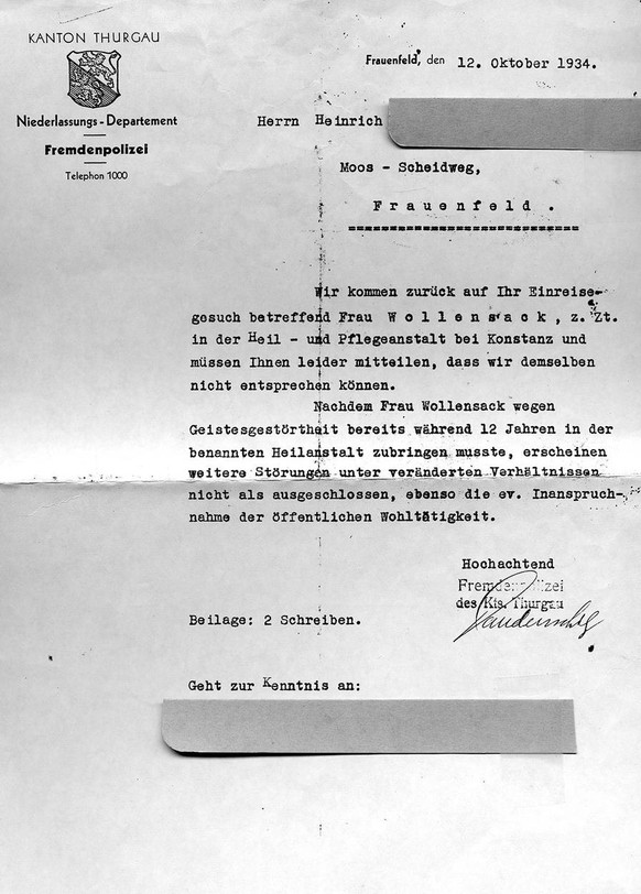 Die Thurgauer Behörden lehnten das Einreisegesuch von Elise Wollensack 1934 ab.