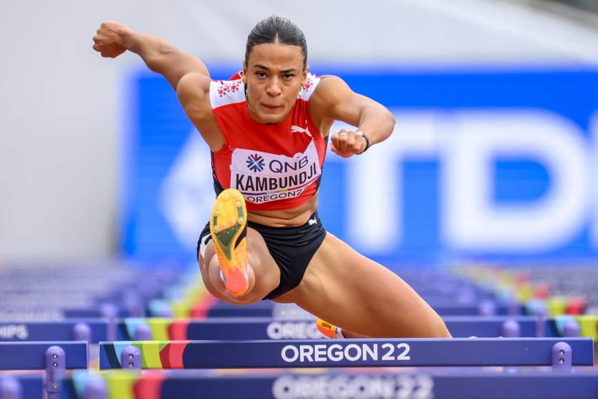 Ditaji Kambundji of Switzerland competes for the women&#039;s 100 meters hurdles qualification during the IAAF World Athletics Championships, at the Hayward Field stadium, in Eugene, United States, Sa ...