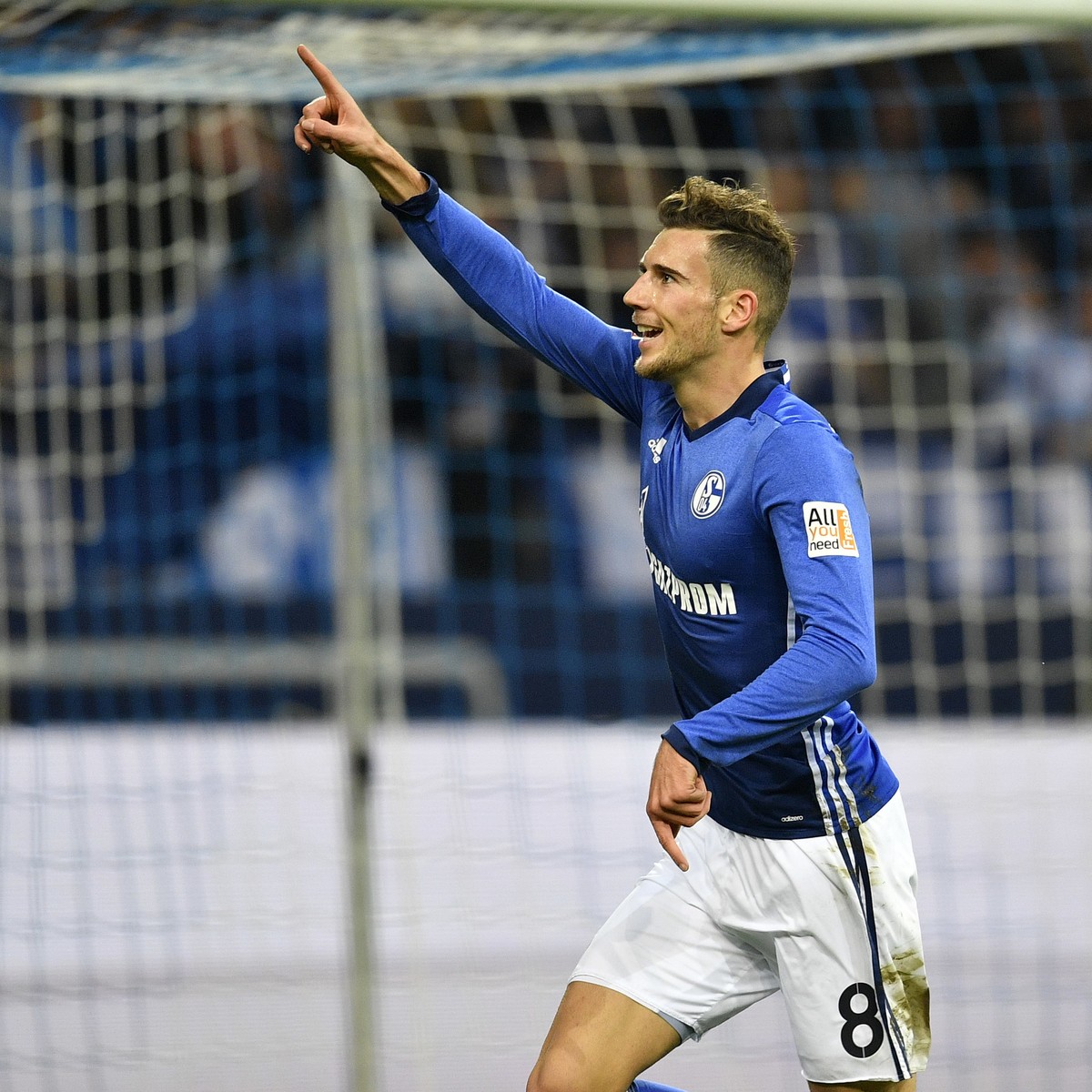 Schalke's Leon Goretzka celebrates after he scored the opening goal during the German Bundesliga soccer match between FC Schalke 04 and FSV Mainz 05 at the Arena in Gelsenkirchen, Germany, Friday ...