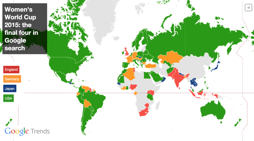 England (rot), Deutschland (orange), Japan (blau) und die USA (grün) stehen im Halbfinal der Frauen-Fussball-WM 2015.