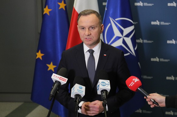 epa10307713 Polish President Andrzej Duda speaks during a press conference after a meeting of the Government Committee for National Defence and Defence Affairs at the National Security Bureau hedquart ...