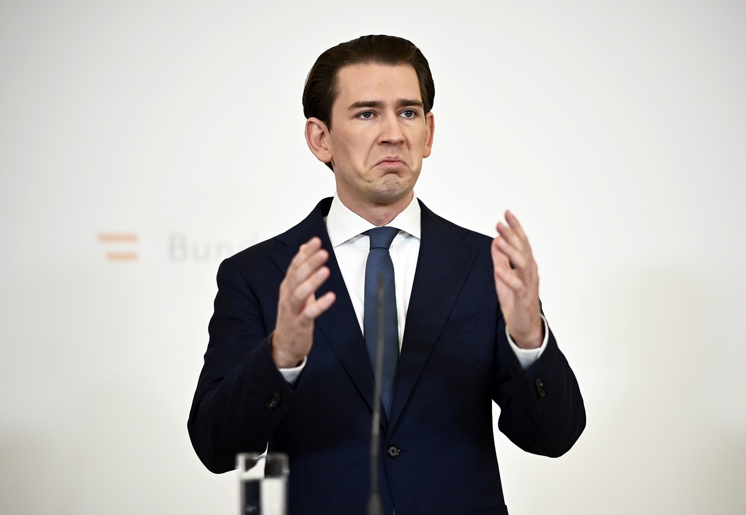 epa09515376 Austrian Chancellor Sebastian Kurz announces his resignation during a press conference at the Chancellery in Vienna, Austria, 09 October 2021. Austrian Chancellor Kurz announced his resign ...