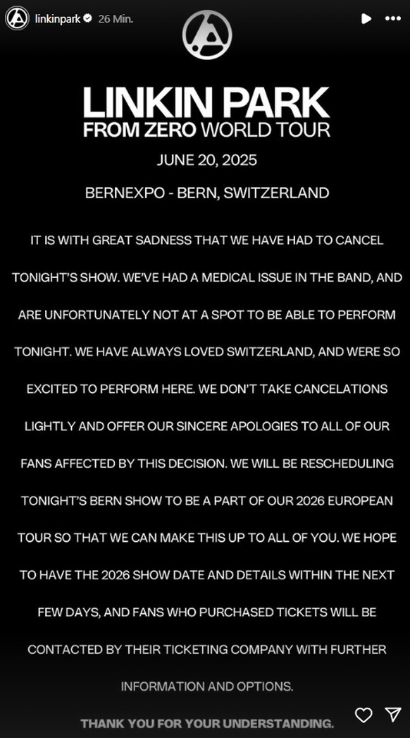 Linkin Park sagt Konzert in Bern über Instagram ab, 20. Juni 2025.