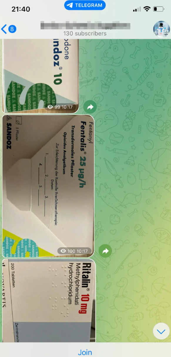 Medikamente wie Ritalin oder Fentanyl stehen auf einem Telegram-Kanal zum Verkauf.