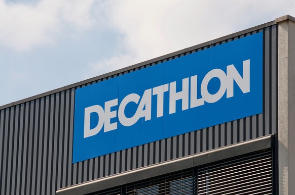 Dietlikon, Zurich, Switzerland - 16th April 2021 : Decathlon store sign hanging on a building in Zurich. Decathlon is a french sporting goods retailer and the largest in the world