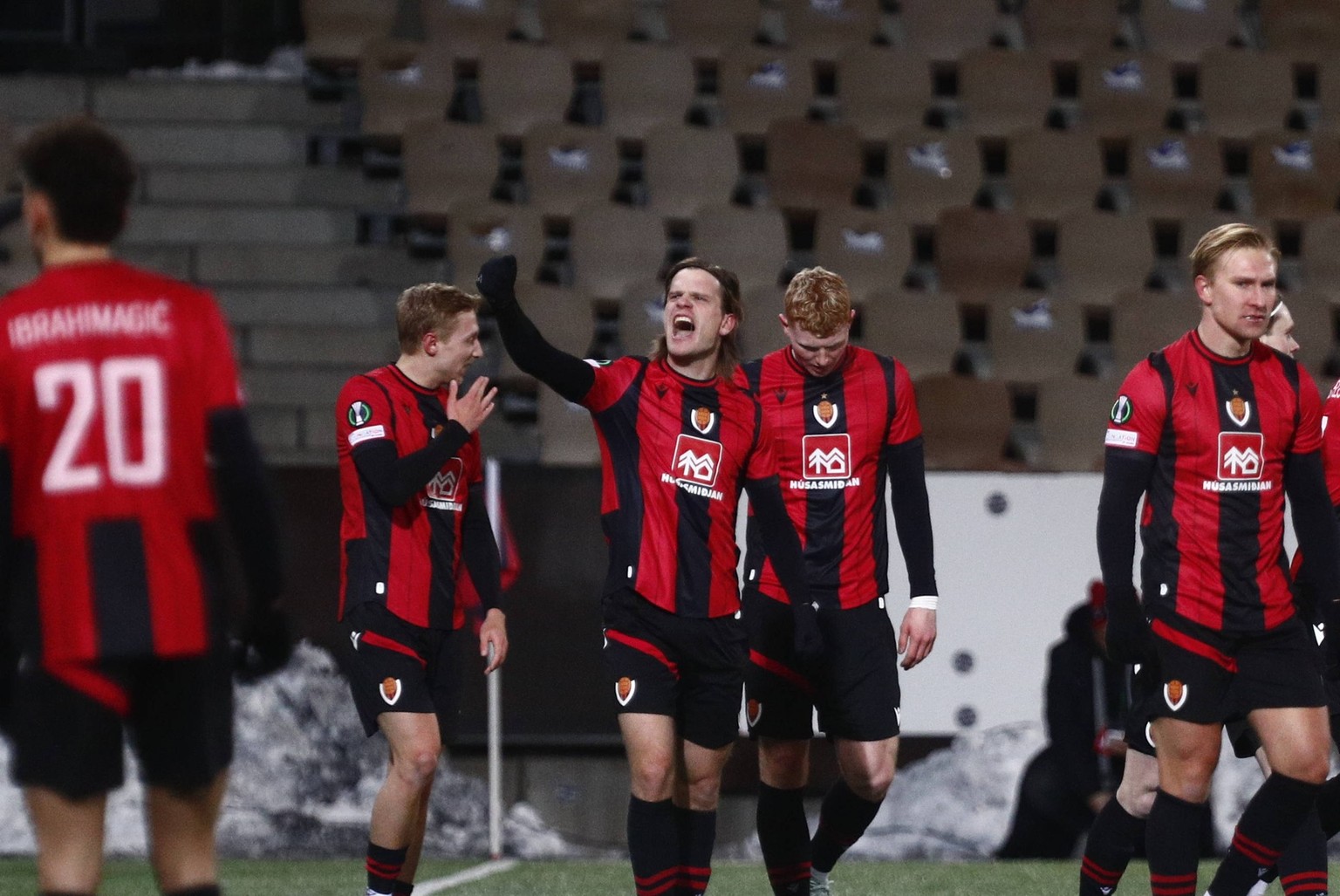 Fußball, ECL, Vikingur Reykjavik - Panathinaikos Athen Players of Vikingur Reykjavik celebrate during the UEFA Europa Conference League knockout phase play-offs 1st leg match between Panathinaikos and ...