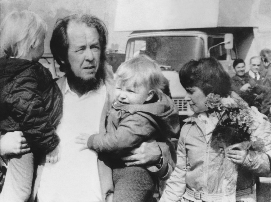 Zurich, Switzerland: March 29, 1974.Exiled author Alexander Solzhenitsyn with his family as he arrives at the Zurich airport from Moscow.