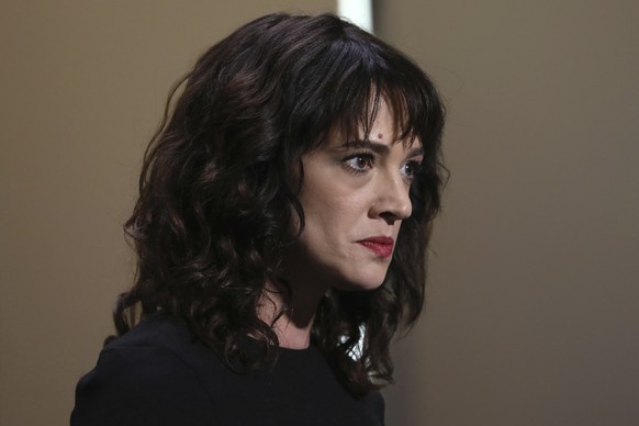 FILE - In this Saturday, May 19, 2018, file photo, actress Asia Argento speaks about being raped by Harvey Weinstein during the closing ceremony of the 71st international film festival, Cannes, southe ...