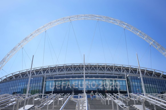 FILE - In this Wednesday, June 9, 2021 file photo, a view of the entrance to Wembley stadium, ahead of the Euro 2020 soccer championship in London. The British government says more than 60,000 fans wi ...