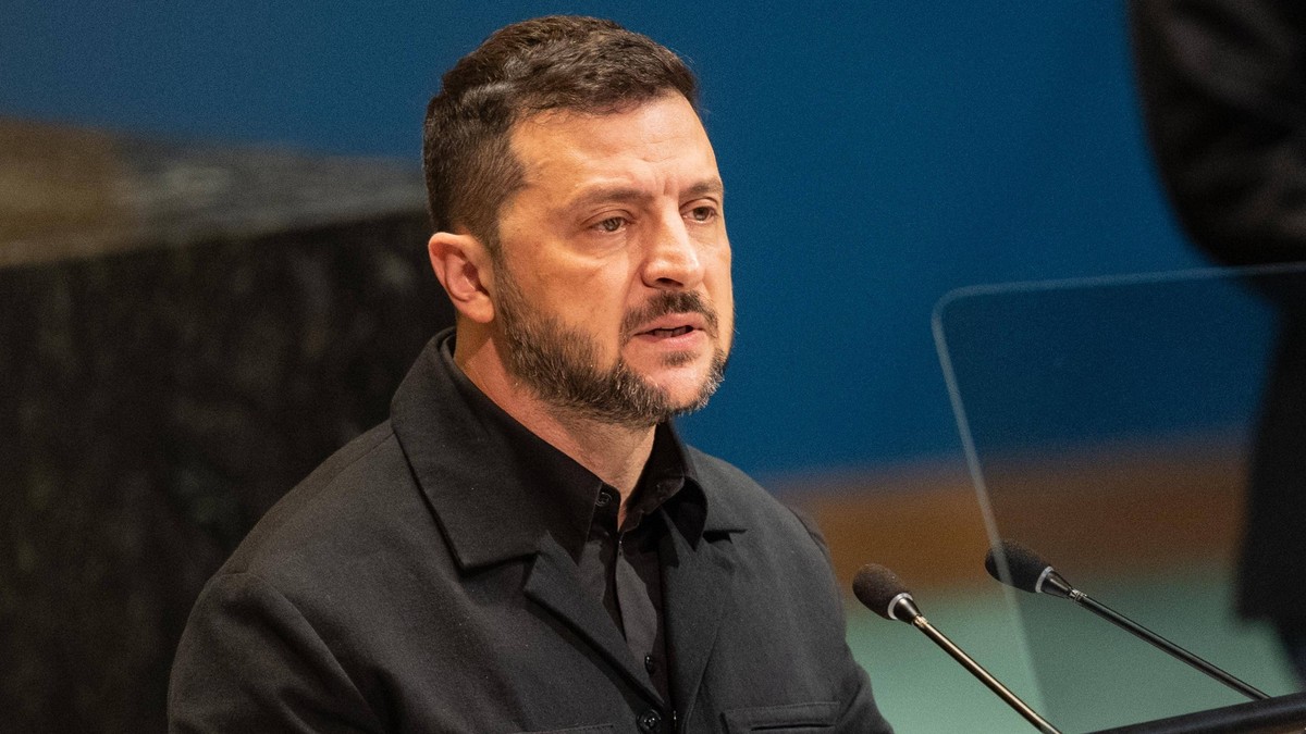 September 24, 2025, New York, New York, USA: President Volodymyr Zelenskyy of Ukraine speaks during 80th session of United Nations General Assembly at UN Headquarters in New York, NY on September 24,  ...