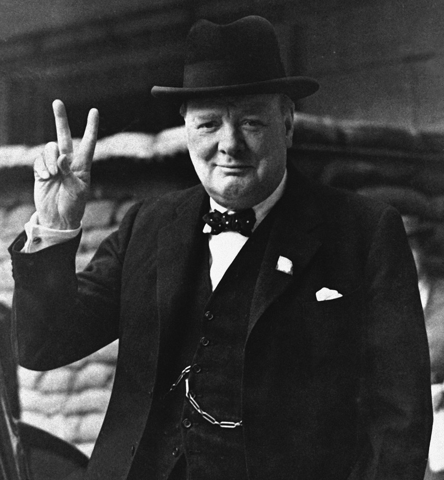 FILE - This is a Aug. 27, 1941 file photo of British Prime Minister Winston Churchill as he gives his famous &quot; V for Victory Salute&quot; . Churchill Britain&#039;s famous World War II prime mini ...