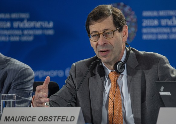 epa07079861 IMF Economic Counsellor and Director of Research Department Maurice Obstfeld speaks during the World Economic Outlook press conference at the International Monetary Fund (IMF) and World Ba ...