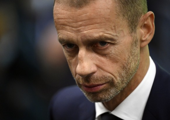 UEFA president Aleksander Ceferin during half time of the UEFA Nations League semifinal soccer match between Italy and Spain at the San Siro stadium, in Milan, Italy, Wednesday, Oct. 6, 2021. (Marco B ...