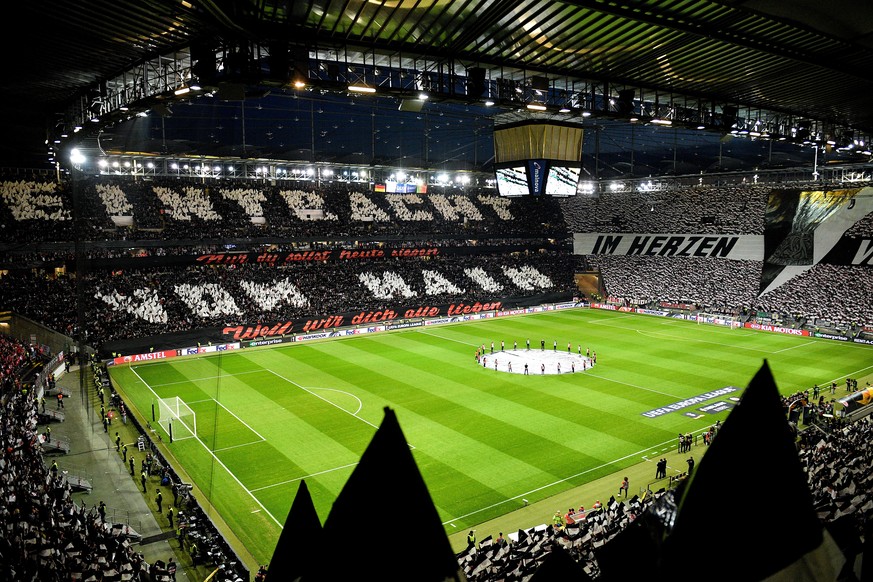 epa07514563 Frankfurt supporters show their choreography prior to the UEFA Europa League quarter final second leg soccer match between Eintracht Frankfurt and Benfica Lisbon in Frankfurt, Germany, 18  ...