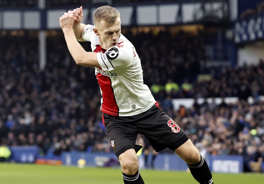 Football - 2022 / 2023 Premier League - Everton vs Southampton - Goodison Park - Saturday 14th December 2022 James Ward-Prowse of Southampton turns away in celebration after he scores early in the sec ...