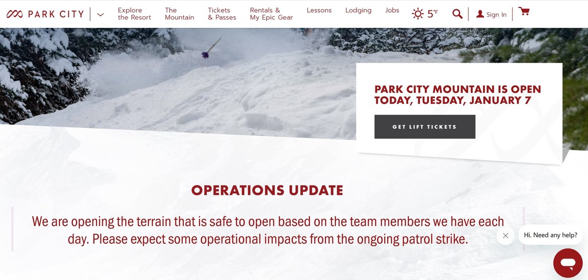 Das Skigebiet Park City informiert auf der Website über betriebliche Einschränkungen aufgrund des Streiks.