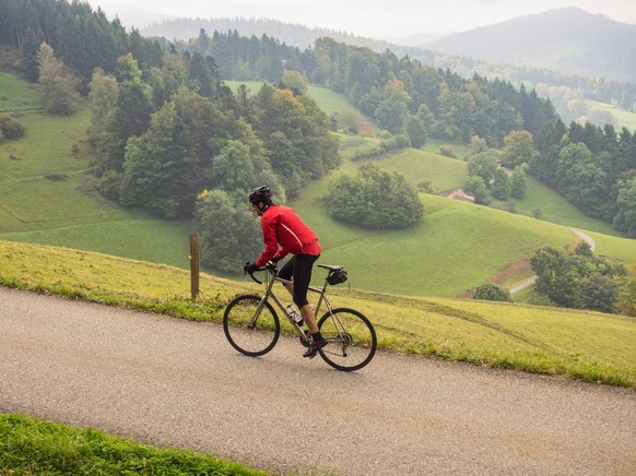 Man riding racing bicycle on cycling tour in the Southern Black Forest, Germany mit_2027_10810
