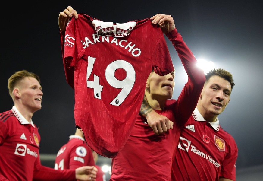 Mandatory Credit: Photo by MICAH CROOK/PPAUK/Shutterstock 13620274as Goal celebrations for Alejandro Garnacho of Manchester United, ManU during the Premier League match between Fulham and Manchester U ...