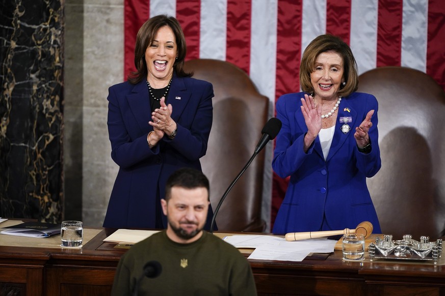 Vice President Kamala Harris and Speaker of the House Nancy Pelosi, D-Calif., applaud as Ukrainian President Volodymyr Zelenskyy addresses a joint meeting of Congress on Capitol Hill in Washington, We ...