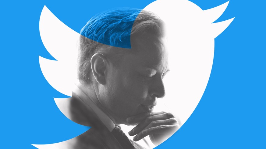 Symbolfoto nachdenklicher Elon Musk und Twitter Symbolbild Logo des Kurznachrichtendienst Twitter und Elon Musk Fotomontage Deutschland DEU *** Symbol photo thoughtful Elon Musk and Twitter symbol ima ...