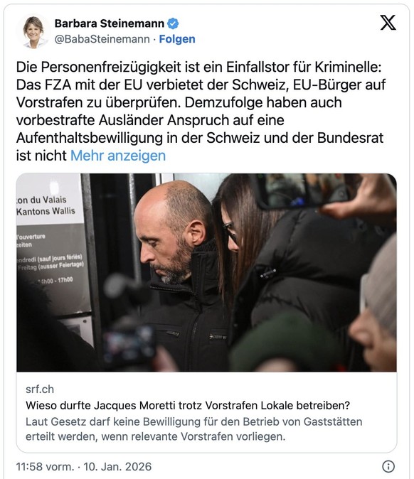 Tweet von Barbara Steinemann zu Crans-Montana (Januar 2025)