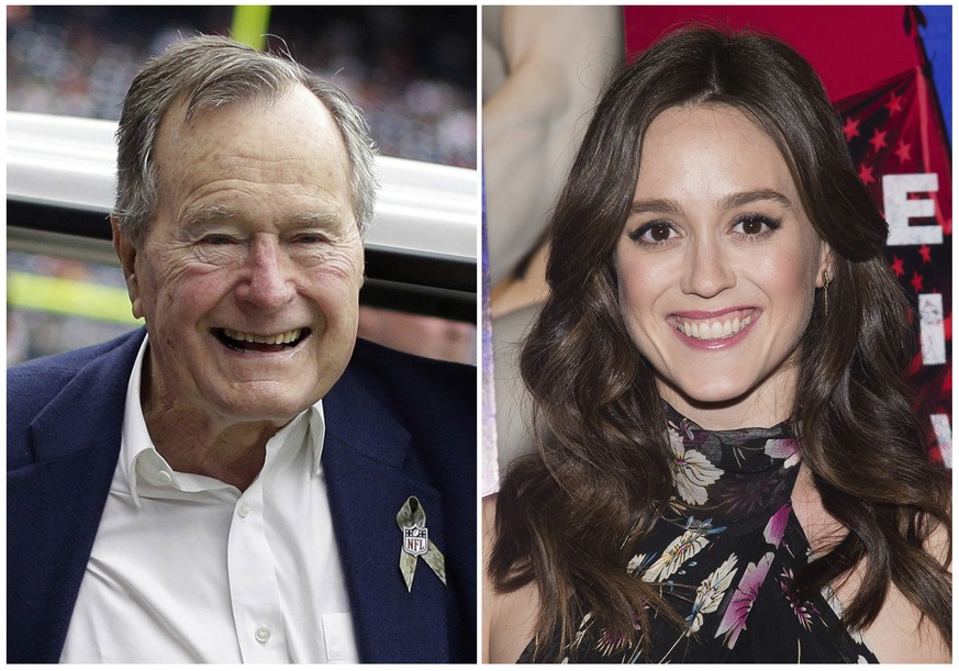 In this combination photo, former president George H.W. Bush appears at an NFL football game in Houston between the Buffalo Bills and the Houston Texans on Nov. 4, 2012, left, and actress Heather Lind ...