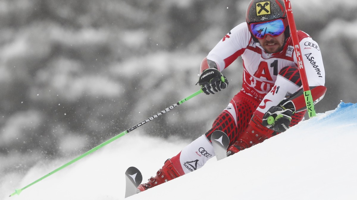Austria's Marcel Hirscher speeds down the course during a men's World Cup giant-slalom, in Bansko, Bulgaria, Sunday, Feb. 24, 2019. (AP Photo/Gabriele Facciotti)