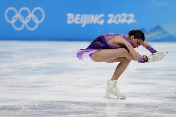 Kamila Valieva, of the Russian Olympic Committee,competes in the women&#039;s short program during the figure skating at the 2022 Winter Olympics, Tuesday, Feb. 15, 2022, in Beijing. (AP Photo/Natacha ...