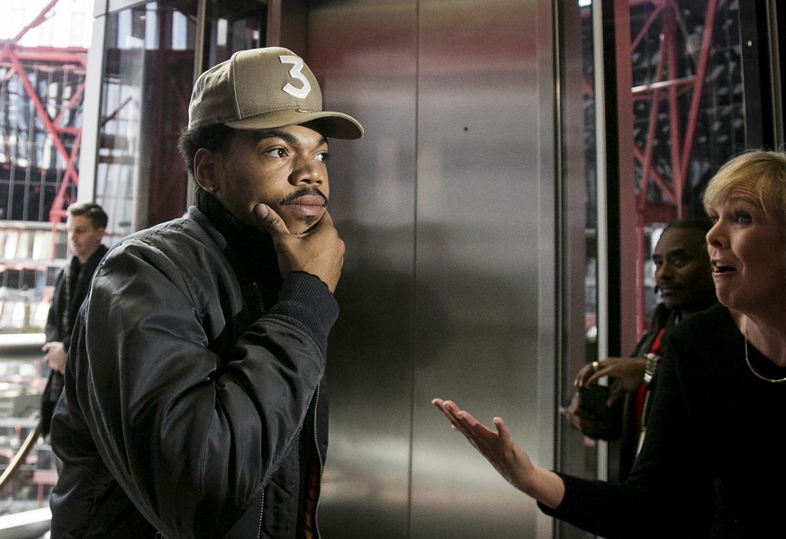 Grammy-winning artist Chance the Rapper meets with reporters at the Thompson Center in Chicago after a meeting with Illinois Gov. Bruce Rauner on Friday, March 3, 2017. (Ashlee Rezin/Chicago Sun-Times ...