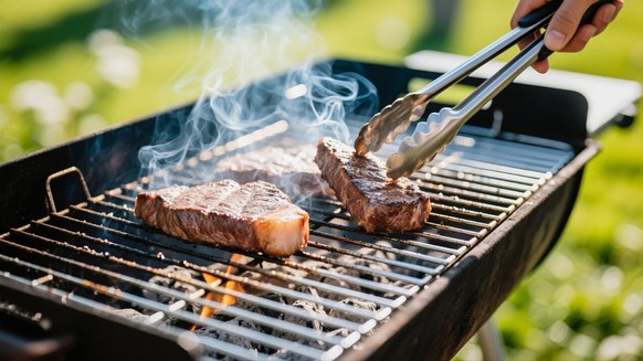 Sizzling steaks are being cooked on a barbecue grill, emitting flavorful smoke, perfect for a summer cookout.