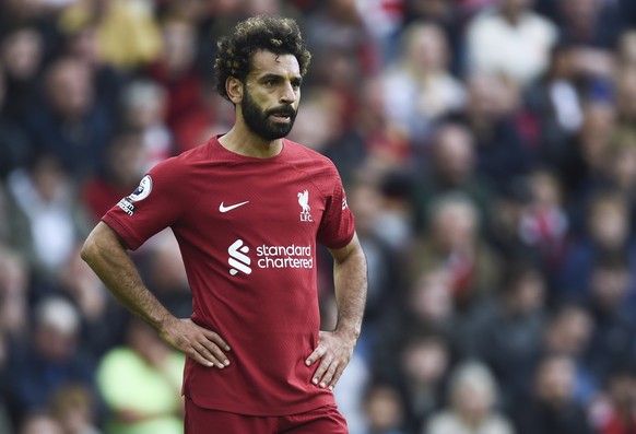 epa10218044 Mohamed Salah of Liverpool reacts after the English Premier League soccer match between Liverpool FC and Brighton and Hove Albion in Liverpool, Britain, 01 October 2022. EPA/PETER POWELL E ...