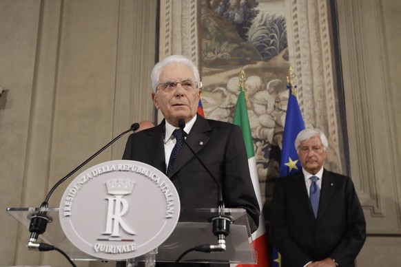 Italian President Sergio Mattarella meets reporters at Rome&#039;s Quirinale presidential palace, Thursday, Aug. 22, 2019. Mattarella continued receiving political leaders Thursday, to explore if a so ...