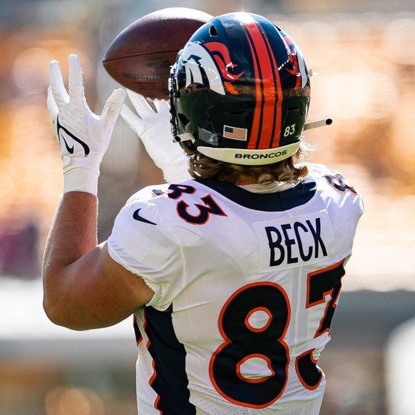 PITTSBURGH, PA - OCTOBER 10: Denver Broncos tight end Andrew Beck 83 catches a pass in warm up during the game against the Denver Broncos and the Pittsburgh Steelers on October 10, 2021 at Heinz Field ...