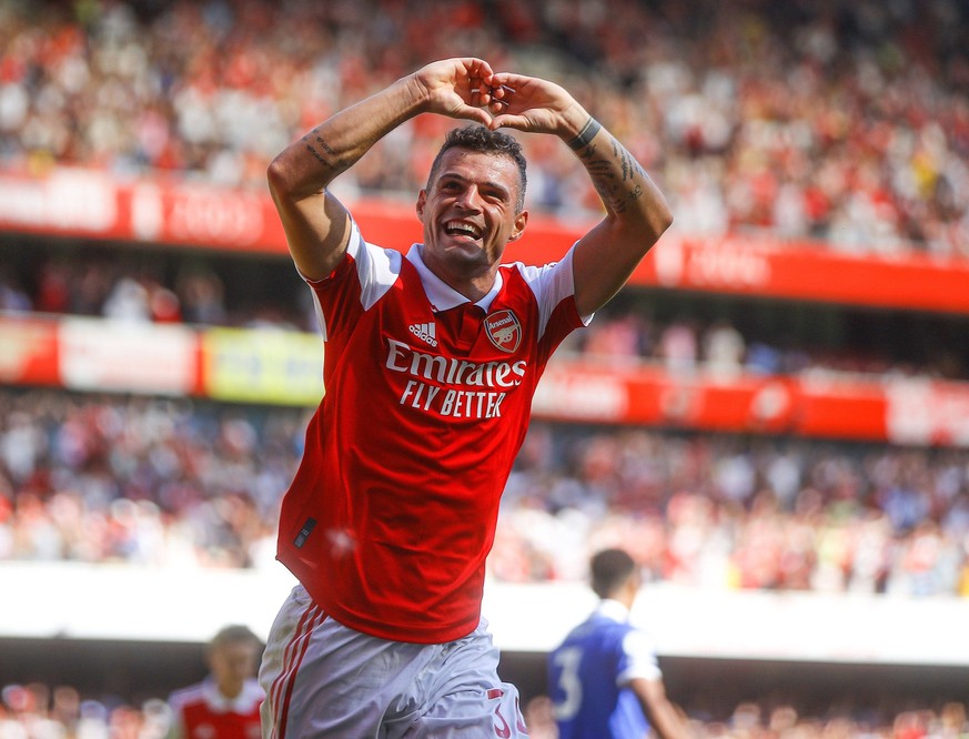 Mandatory Credit: Photo by GEORGE TEWKESBURY/PPAUK/Shutterstock 13086868x Granit Xhaka of Arsenal celebrates after scoring his side s third goal during the Premier League Match between Arsenal and Lei ...