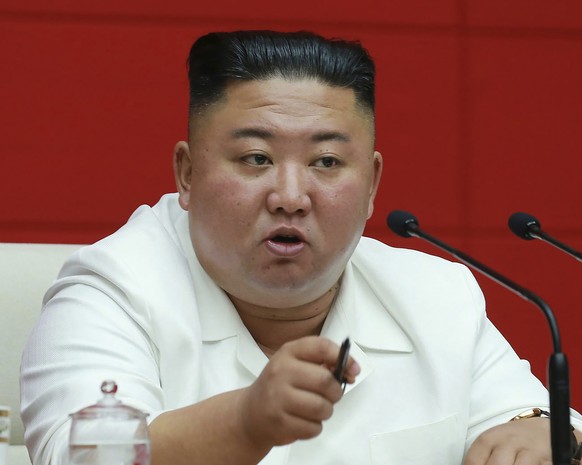 In this photo provided by the North Korean government, North Korean leader Kim Jong Un speaks during a plenary meeting of the Workers