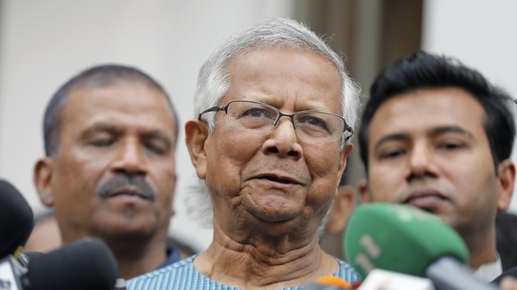 FILE- Nobel laureate Muhammad Yunus speaks to the media after he was granted bail by a court in an embezzlement case, in Dhaka, Bangladesh, Sunday, March 3, 2024. (AP Photo/Mahmud Hossain Opu, File)
M ...