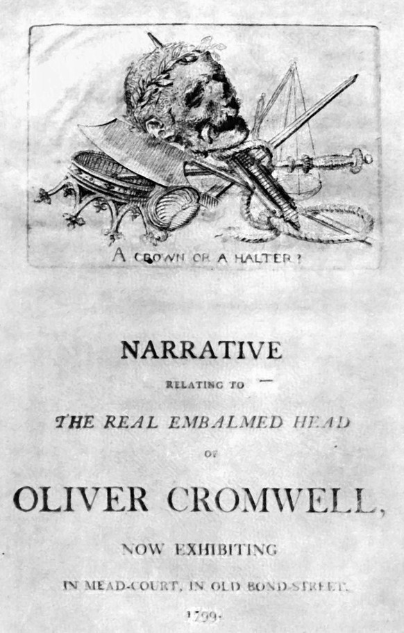 Werbung für die Hughes-Brüder-Ausstellung von Cromwells Kopf, 1799.