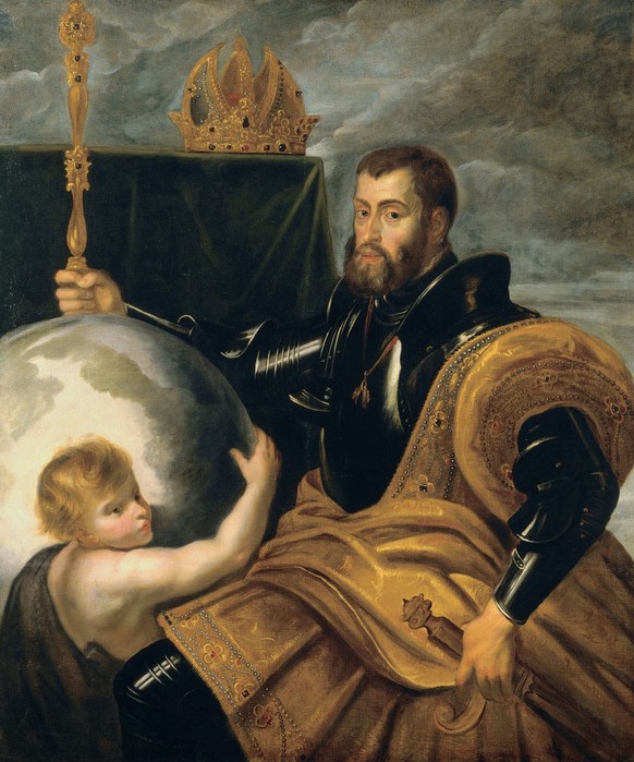 Allegorie auf Kaiser Karl V. als Weltenherrscher, Gemälde von Peter Paul Rubens, um 1604. Der Spruch «In meinem Reich geht die Sonne niemals unter» wird ihm zugesprochen.