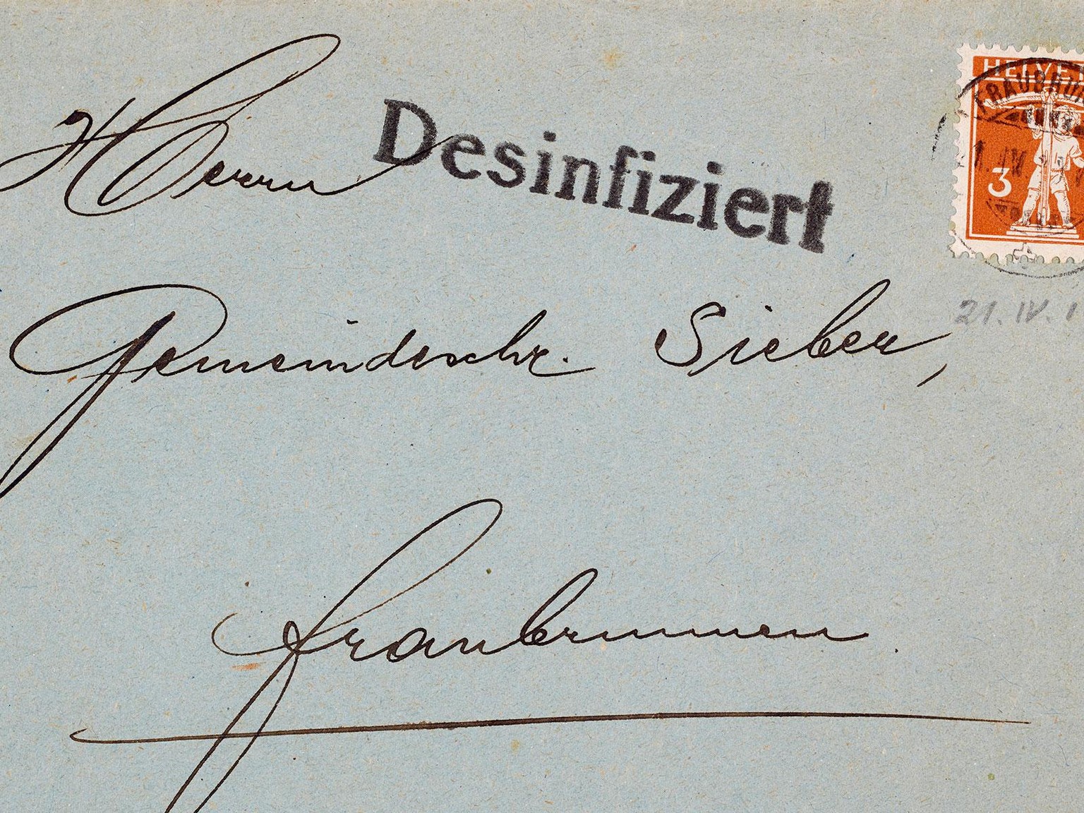 In Fraubrunnen (BE) grassierte 1919/1920 die Maul- und Klauenseuche. Der abgebildete «Seuchenbrief» wurde deshalb desinfiziert.
https://www.mfk.ch/home/