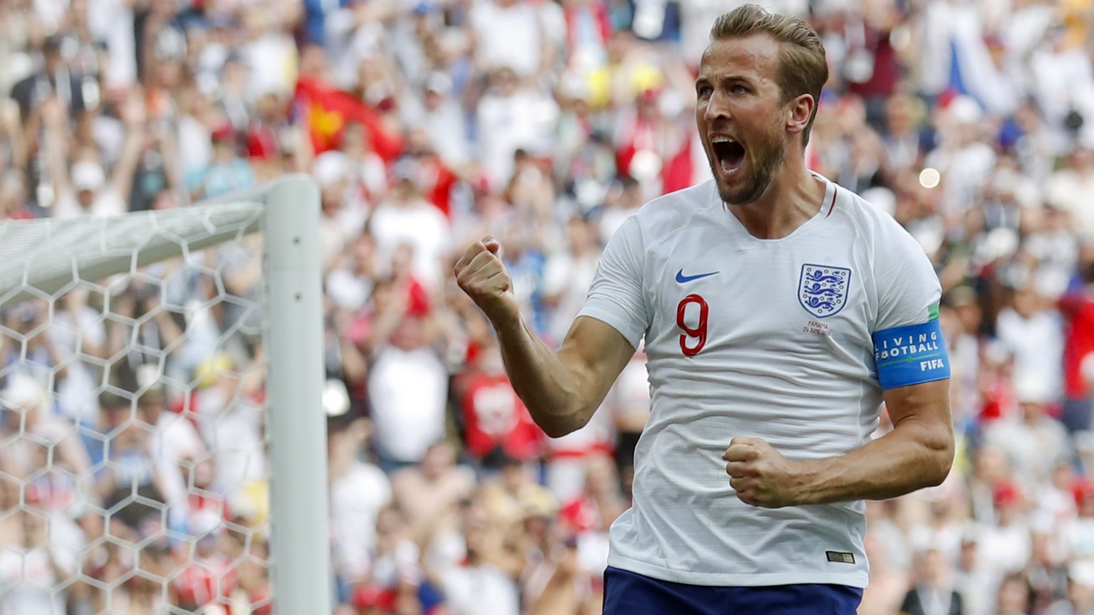 England&#039;s Harry Kane celebrates after he scored his side&#039;s second goal during the group G match between England and Panama at the 2018 soccer World Cup at the Nizhny Novgorod Stadium in Nizh ...