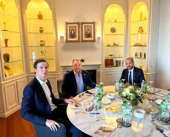 Oman's Minister of Foreign Affairs Sayyid Badr bin Hamad Al Busaidi, right, holds a meeting with White House special envoy Steve Witkoff, centre, and Jared Kushner, as part of the ongoing Iranian ...