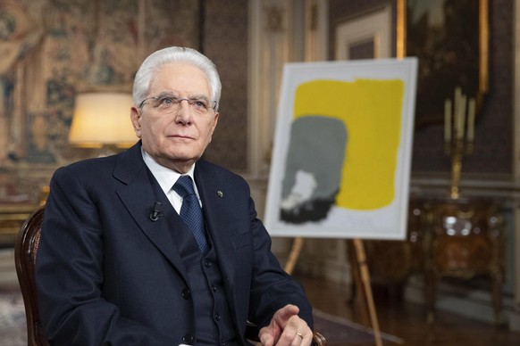 epa07255797 A handout photo made available by the Italian Presidential Press Office showing Italian President, Sergio Mattarella, during the year-end speech to Italians at Quirinale Palace in Rome, It ...