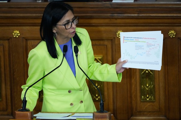 Venezuela's acting President Delcy Rodriguez delivers her first state of the union address at the National Assembly in Caracas, Venezuela, Thursday, Jan. 15, 2026. (AP Photo/Ariana Cubillos)
Vene ...