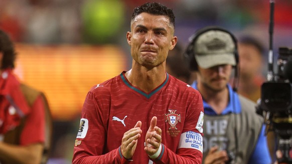 Portugal's Cristiano Ronaldo (7) reacts after the World Cup round of 16 soccer match between Portugal and Spain in Arlington, Texas, near Dallas, Monday, July 6, 2026. (AP Photo/Gareth Patterson) ...