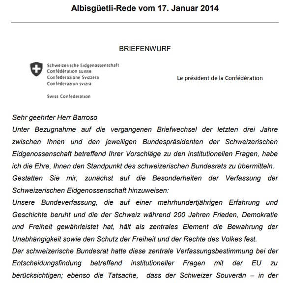 «Wir wollen dieses institutionelle Abkommen nicht»: SVP-Doyen Christoph Blocher antwortete an der Albisgüetli-Tagung vom 17. Januar 2014 mit einem fiktiven Brief an Barroso.